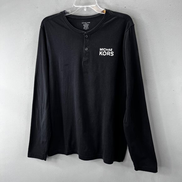 Michael Kors Henley Shirt size L Men Black Long Sleeve Logo FLAW - Picture 2 of 5